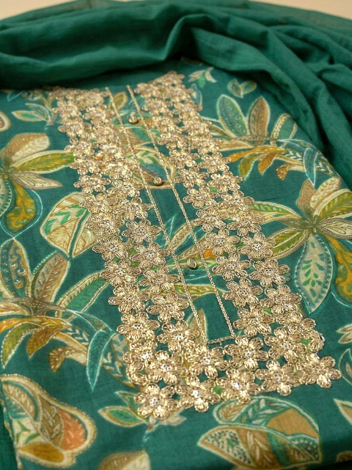 Green Cotton Blend Embroidered Unstitched Dress Material