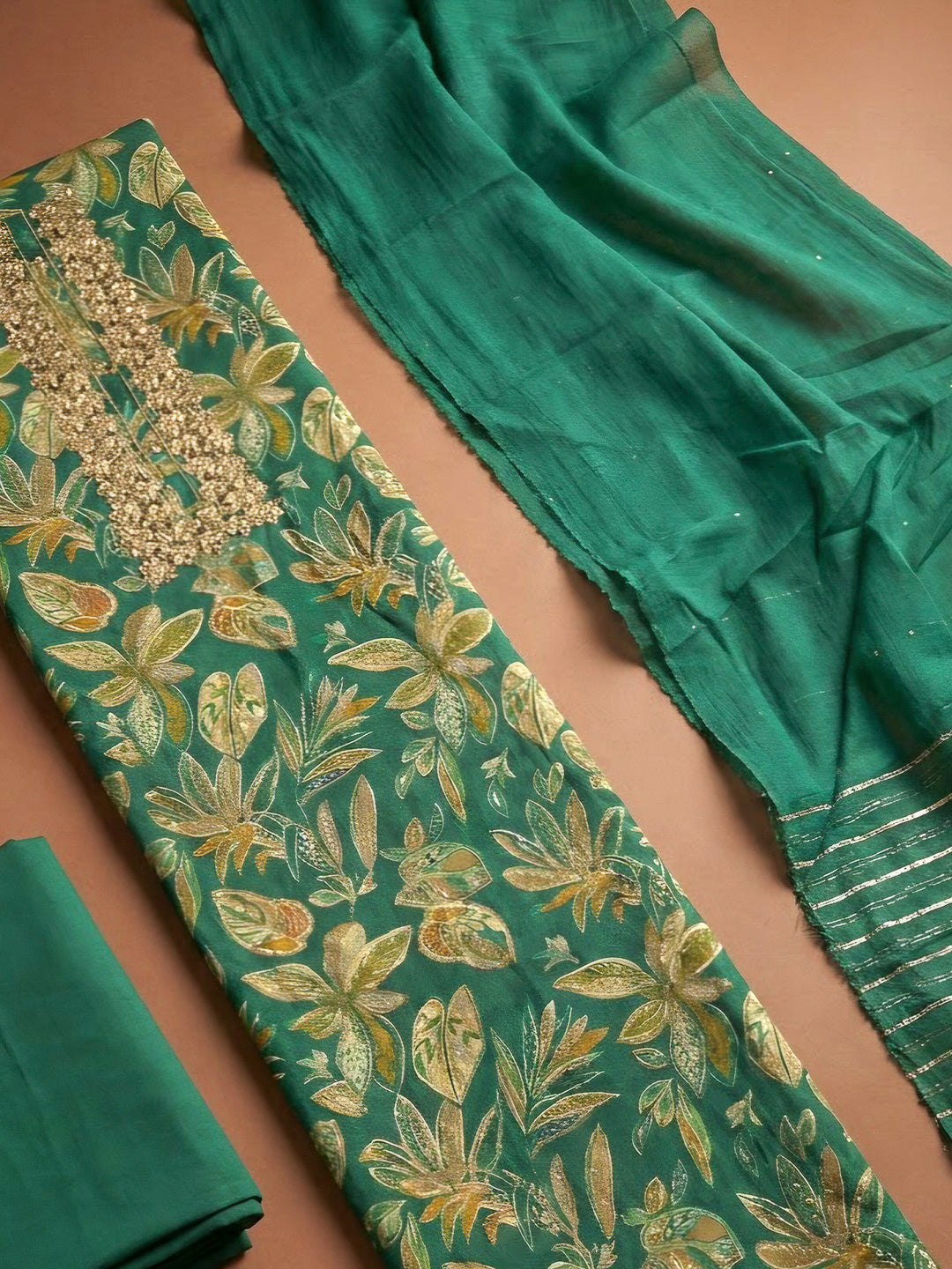 Green Cotton Blend Embroidered Unstitched Dress Material