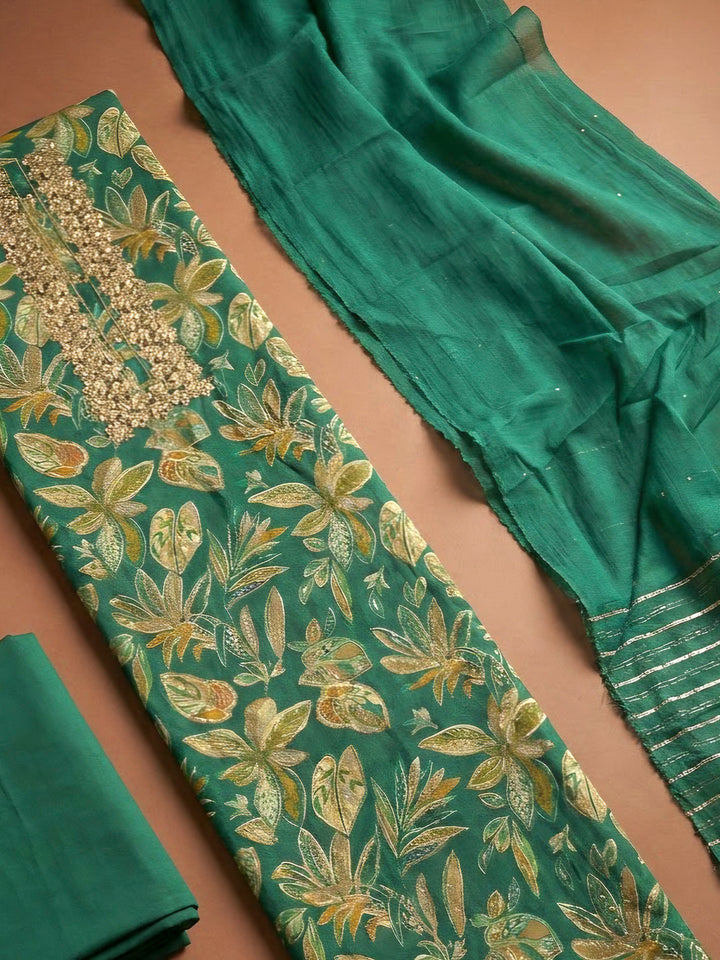 Green Cotton Blend Embroidered Unstitched Dress Material