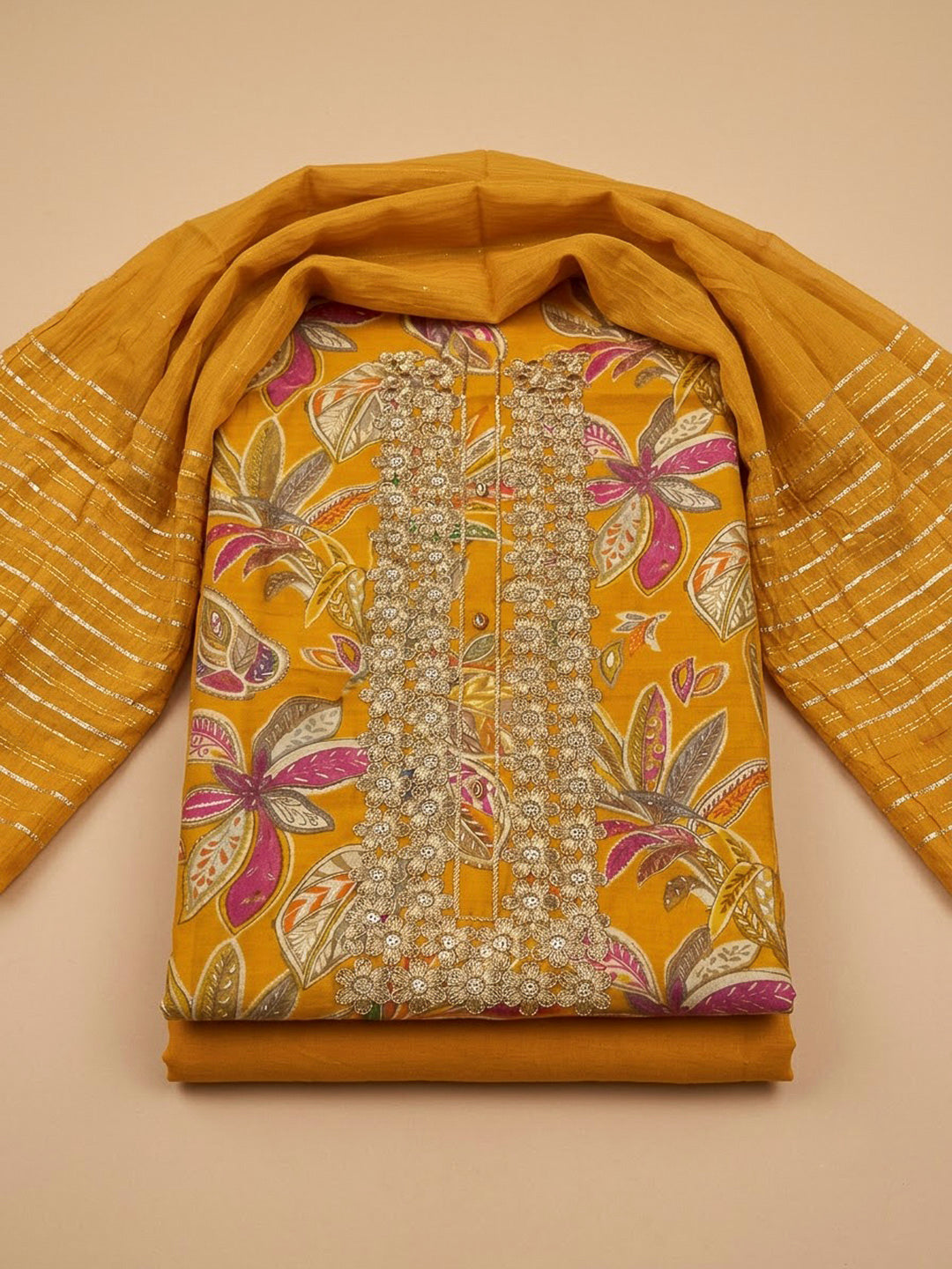 Mustard Cotton Blend Embroidered Unstitched Dress Material
