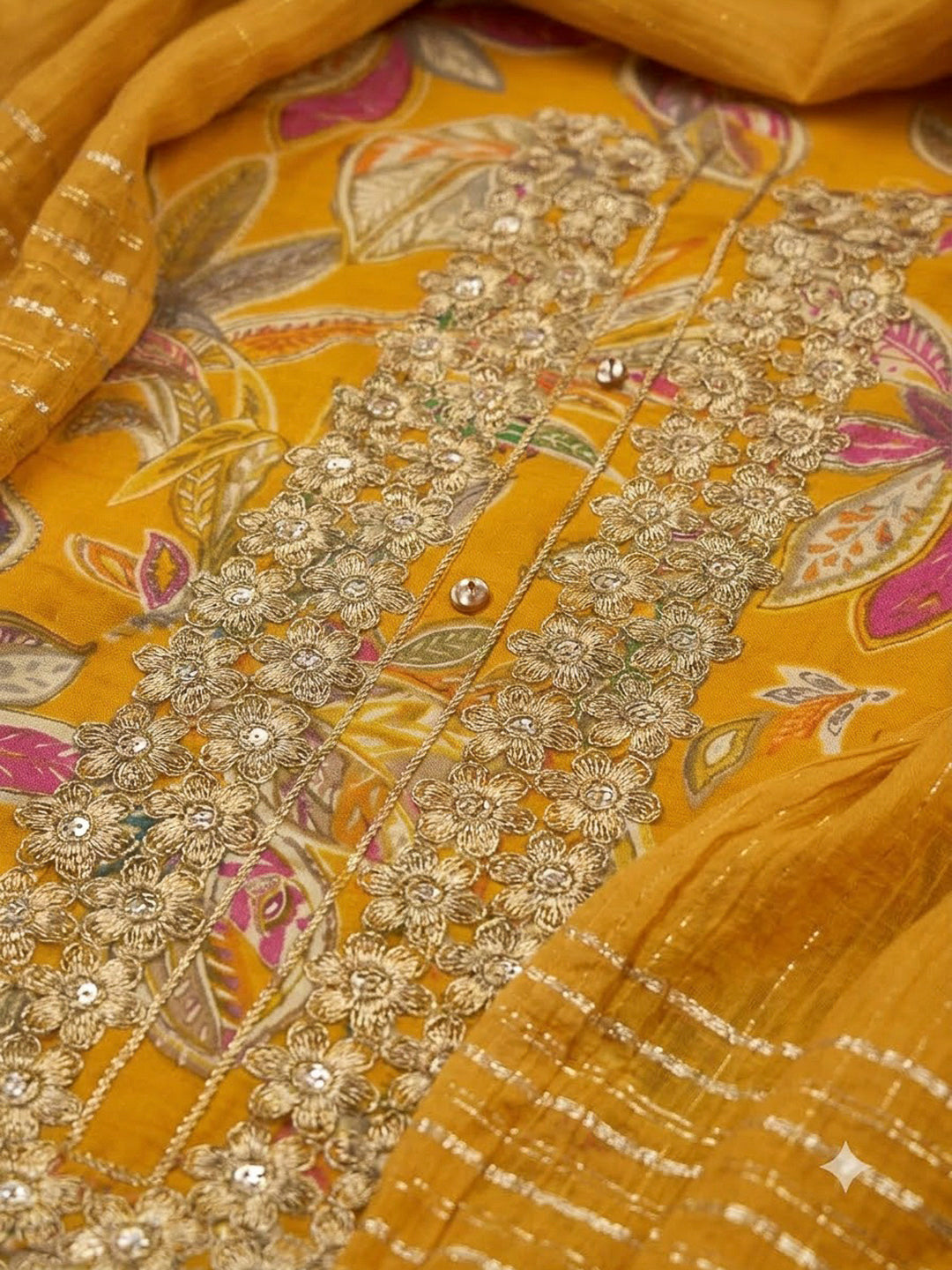 Mustard Cotton Blend Embroidered Unstitched Dress Material