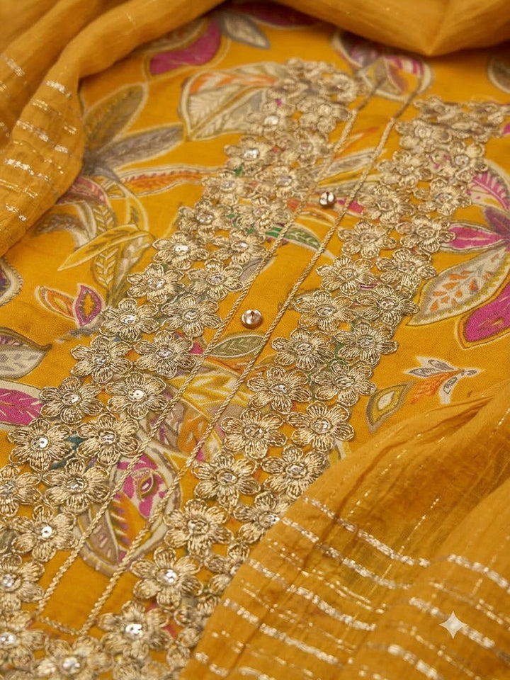 Mustard Cotton Blend Embroidered Unstitched Dress Material