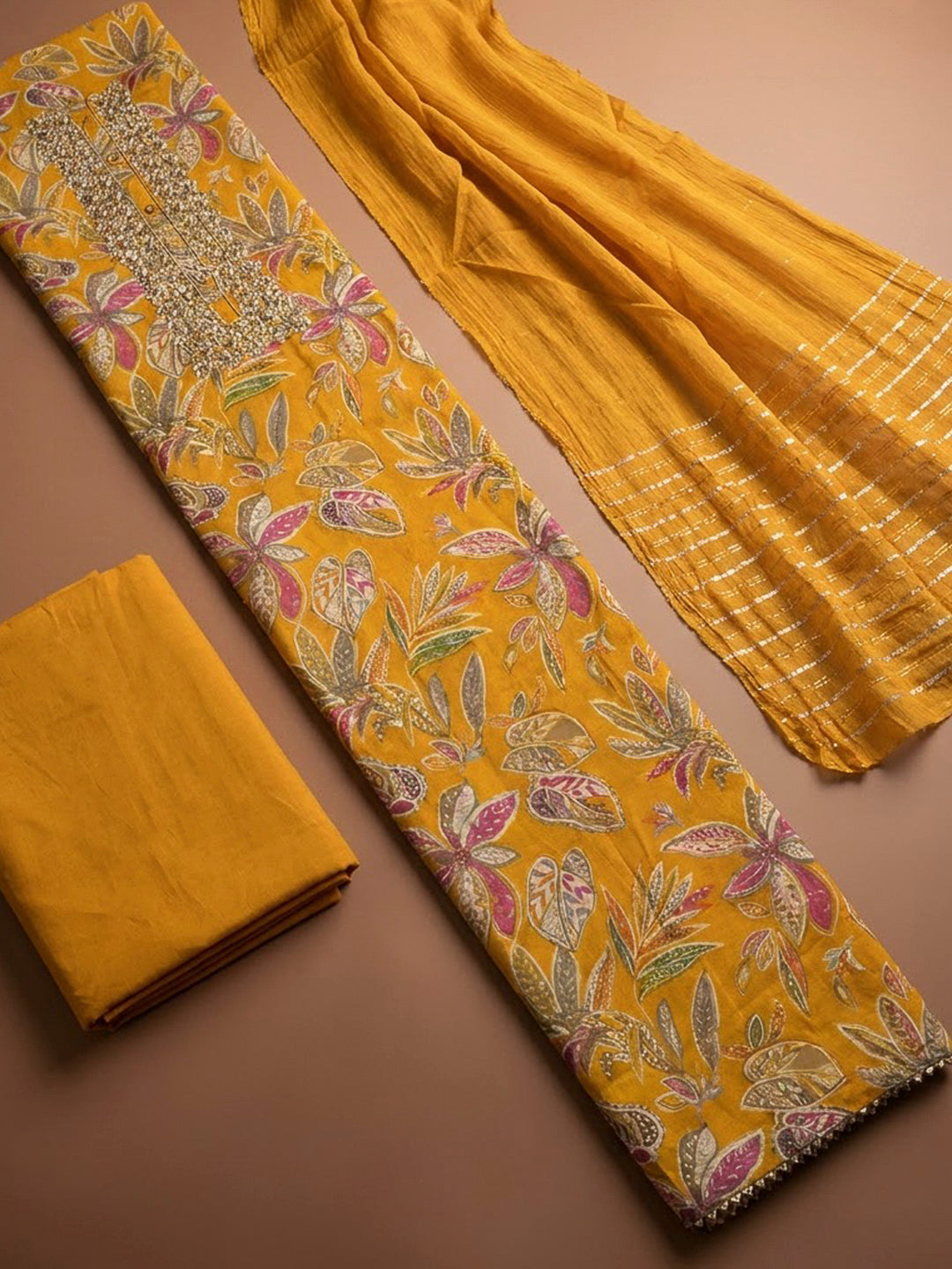 Mustard Cotton Blend Embroidered Unstitched Dress Material