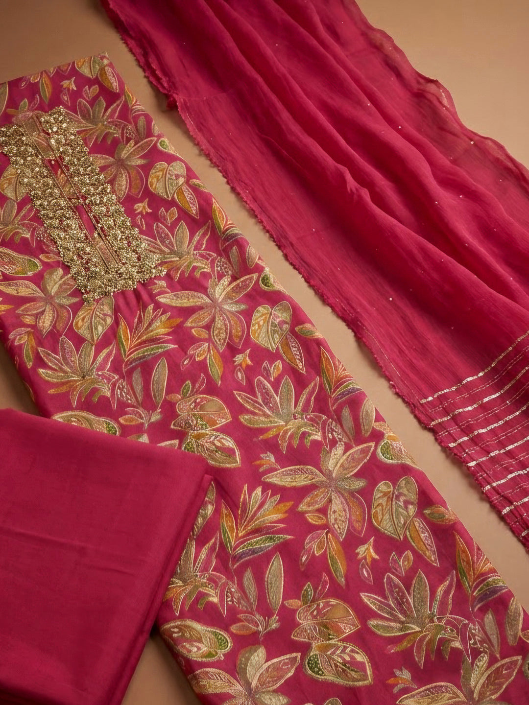 Pink Cotton Blend Embroidered Unstitched Dress Material