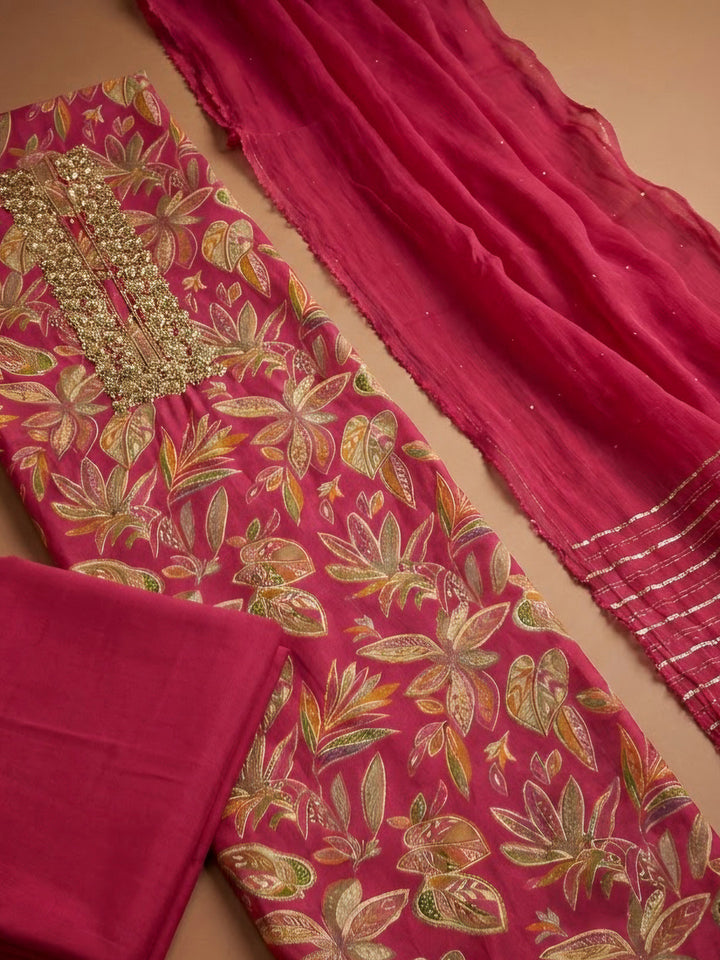 Pink Cotton Blend Embroidered Unstitched Dress Material