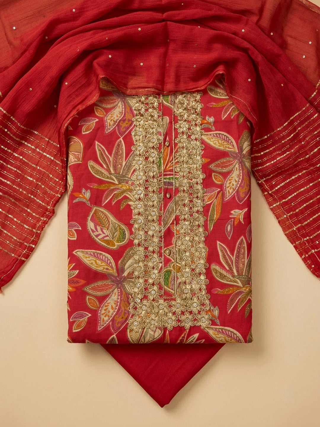 Red Cotton Blend Embroidered Unstitched Dress Material