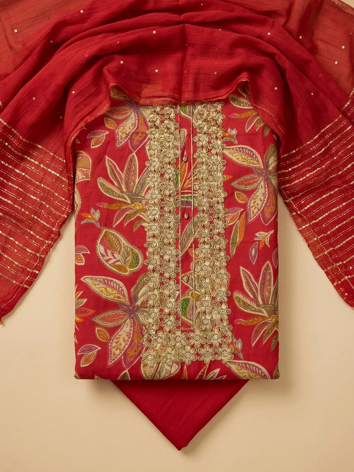 Red Cotton Blend Embroidered Unstitched Dress Material