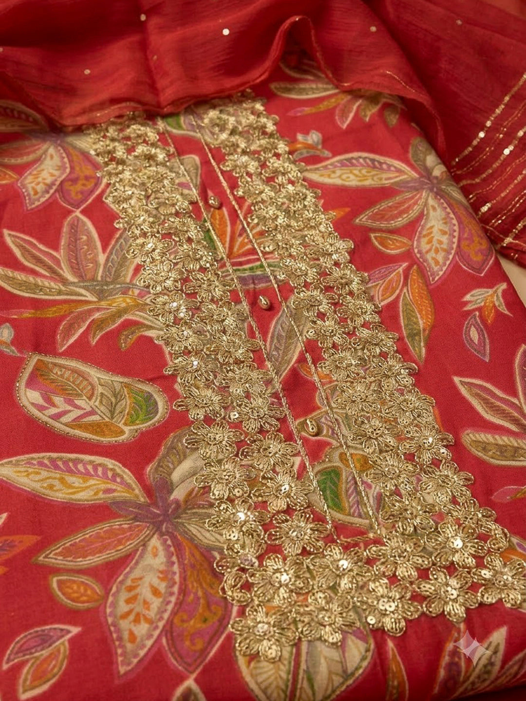 Red Cotton Blend Embroidered Unstitched Dress Material