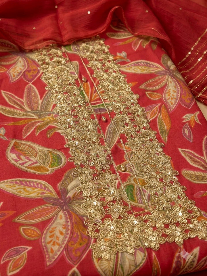 Red Cotton Blend Embroidered Unstitched Dress Material