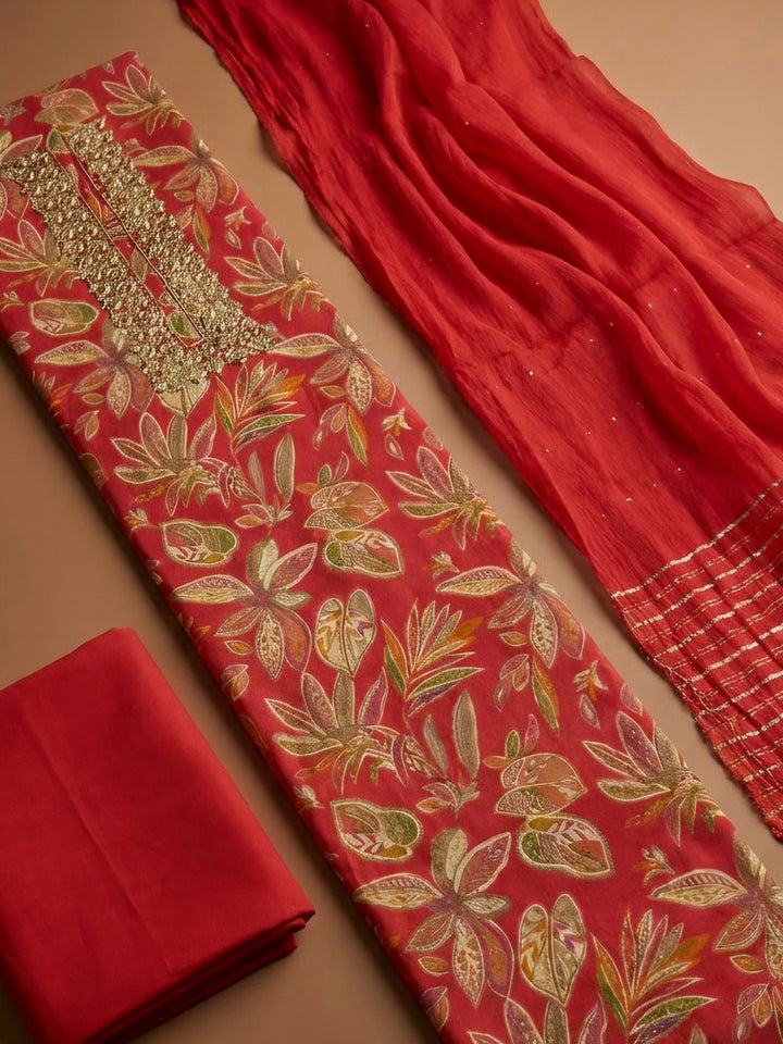 Red Cotton Blend Embroidered Unstitched Dress Material