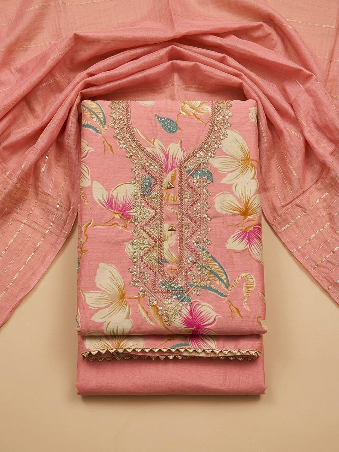 Peach Cotton Blend Embroidered Unstitched Dress Material
