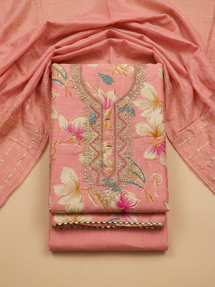 Peach Cotton Blend Embroidered Unstitched Dress Material