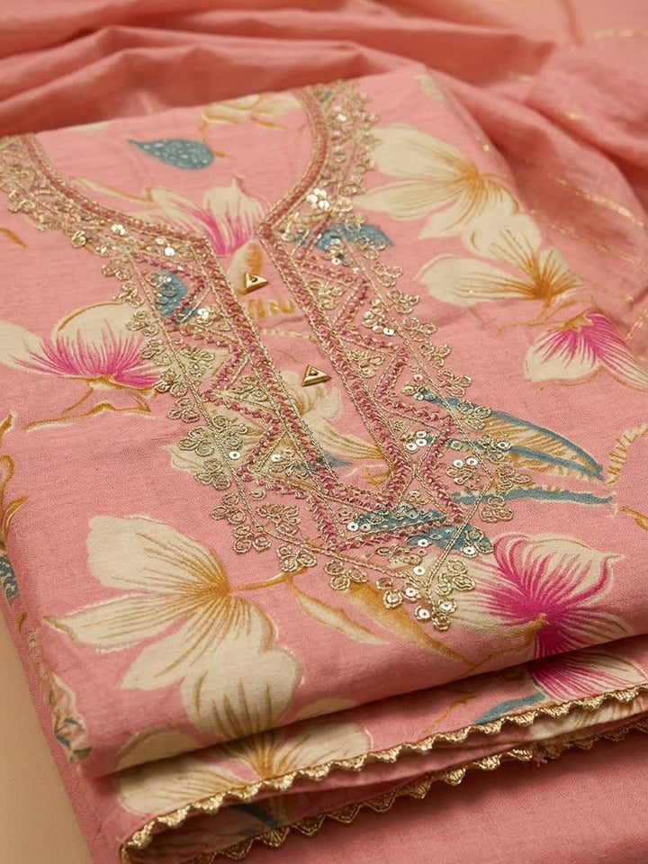 Peach Cotton Blend Embroidered Unstitched Dress Material