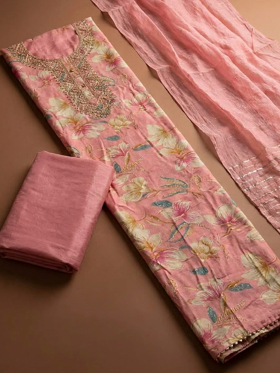Peach Cotton Blend Embroidered Unstitched Dress Material