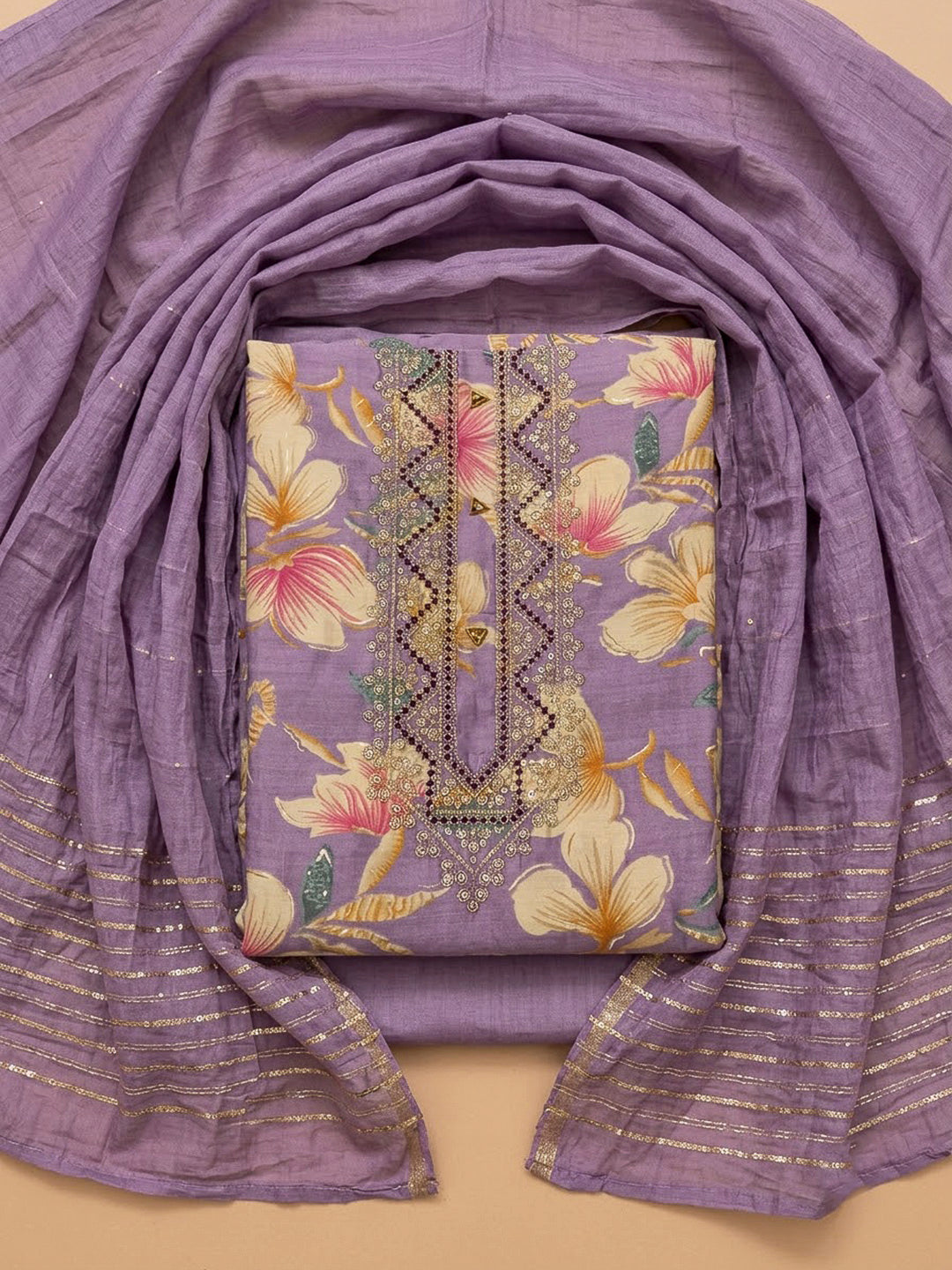 Purple Cotton Blend Embroidered Unstitched Dress Material
