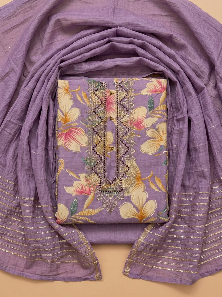 Purple Cotton Blend Embroidered Unstitched Dress Material
