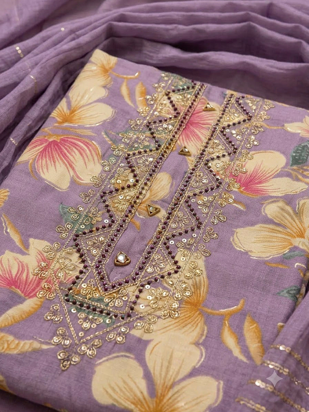 Purple Cotton Blend Embroidered Unstitched Dress Material