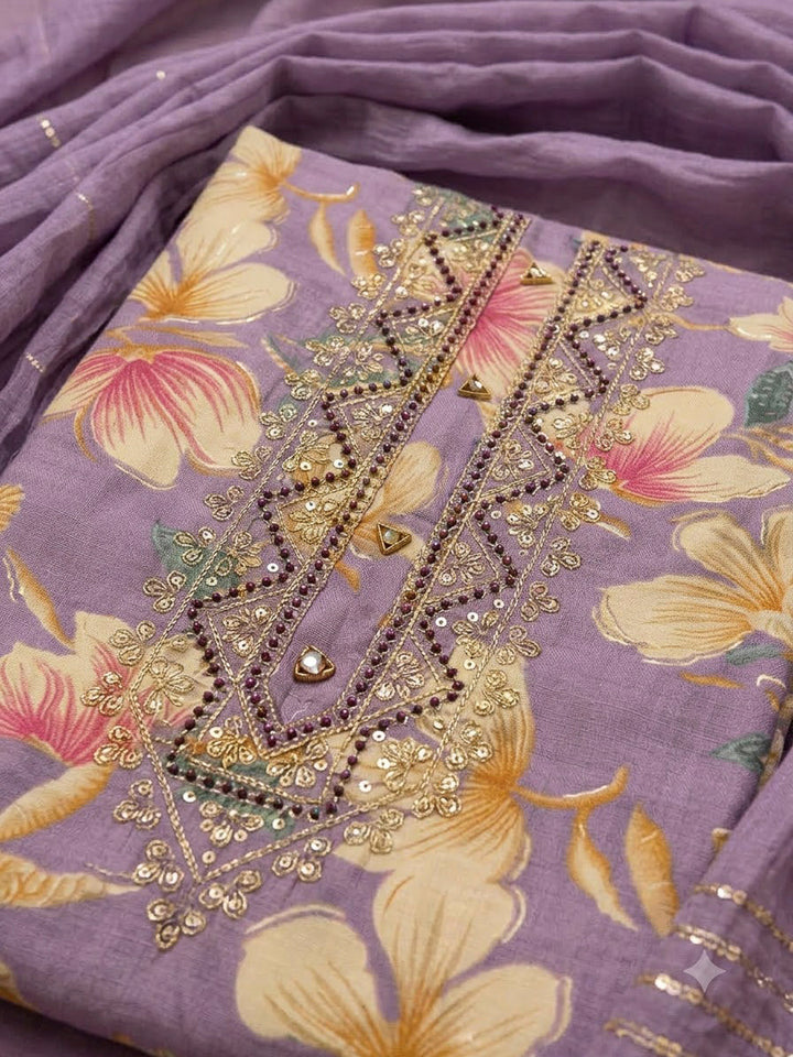 Purple Cotton Blend Embroidered Unstitched Dress Material