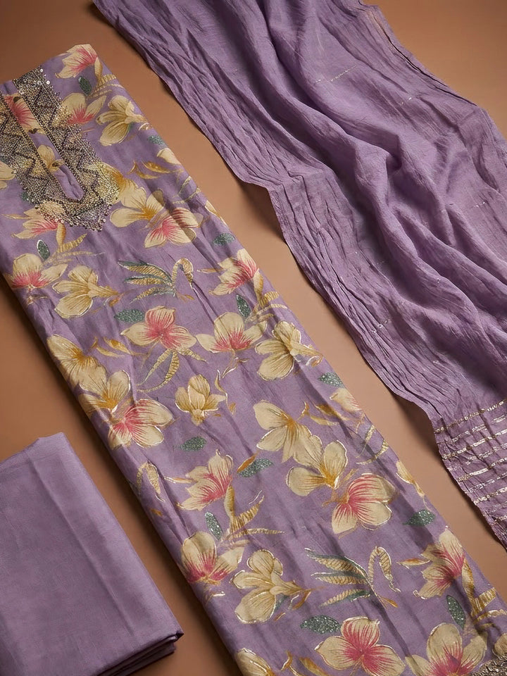 Purple Cotton Blend Embroidered Unstitched Dress Material