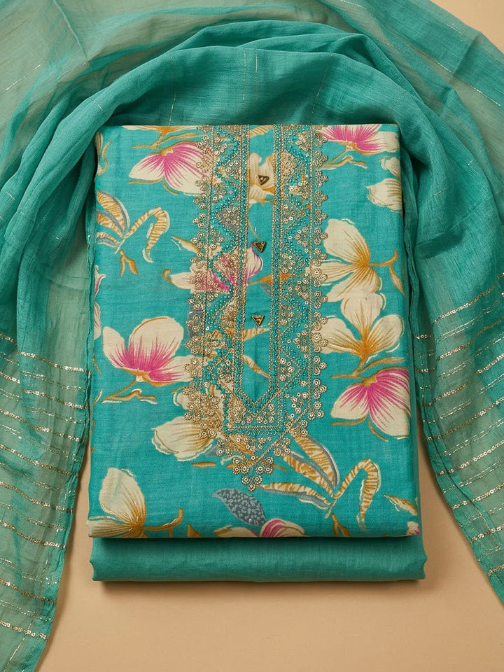 Rama Green Cotton Blend Embroidered Unstitched Dress Material