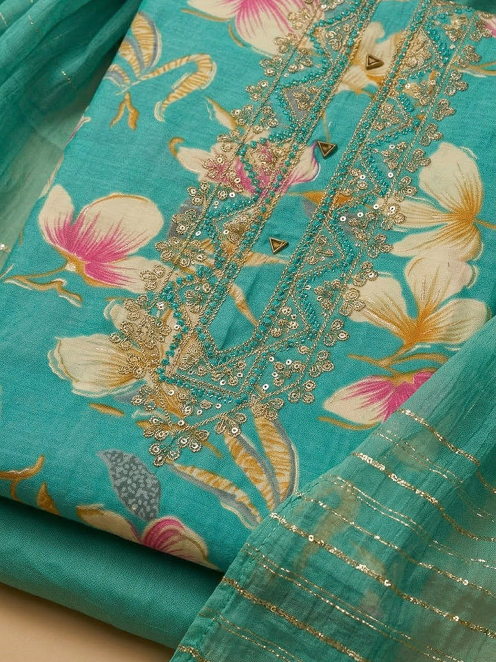 Rama Green Cotton Blend Embroidered Unstitched Dress Material