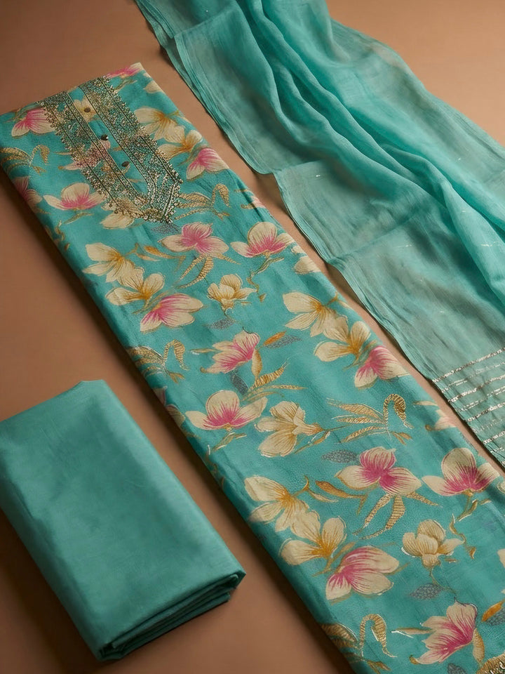Rama Green Cotton Blend Embroidered Unstitched Dress Material