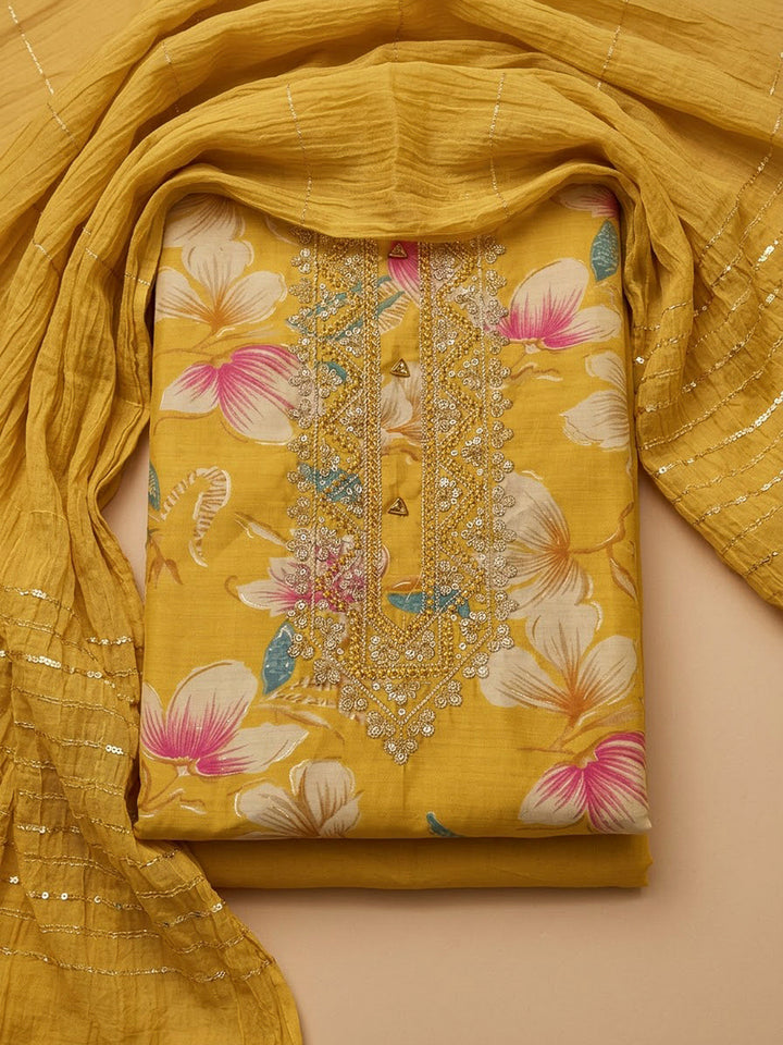 Yellow Cotton Blend Embroidered Unstitched Dress Material