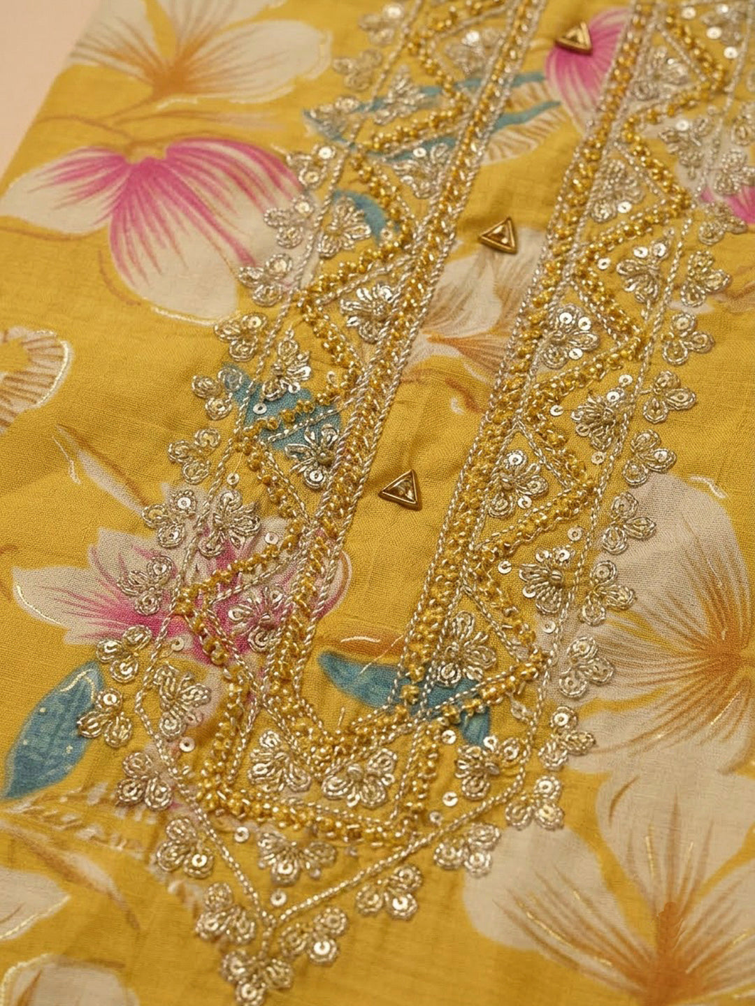 Yellow Cotton Blend Embroidered Unstitched Dress Material