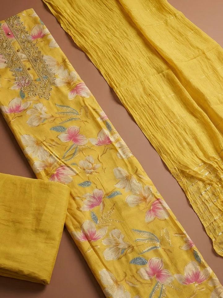 Yellow Cotton Blend Embroidered Unstitched Dress Material