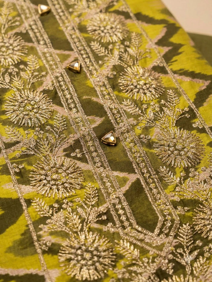 Mehndi Cotton Blend Embroidered Unstitched Dress Material