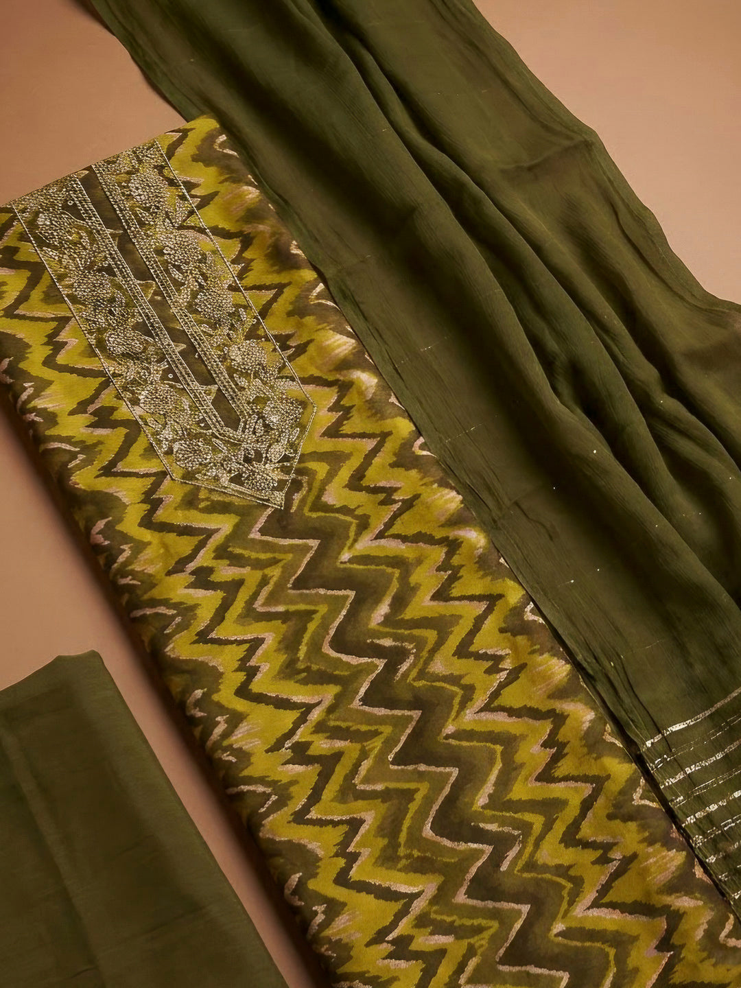 Mehndi Cotton Blend Embroidered Unstitched Dress Material