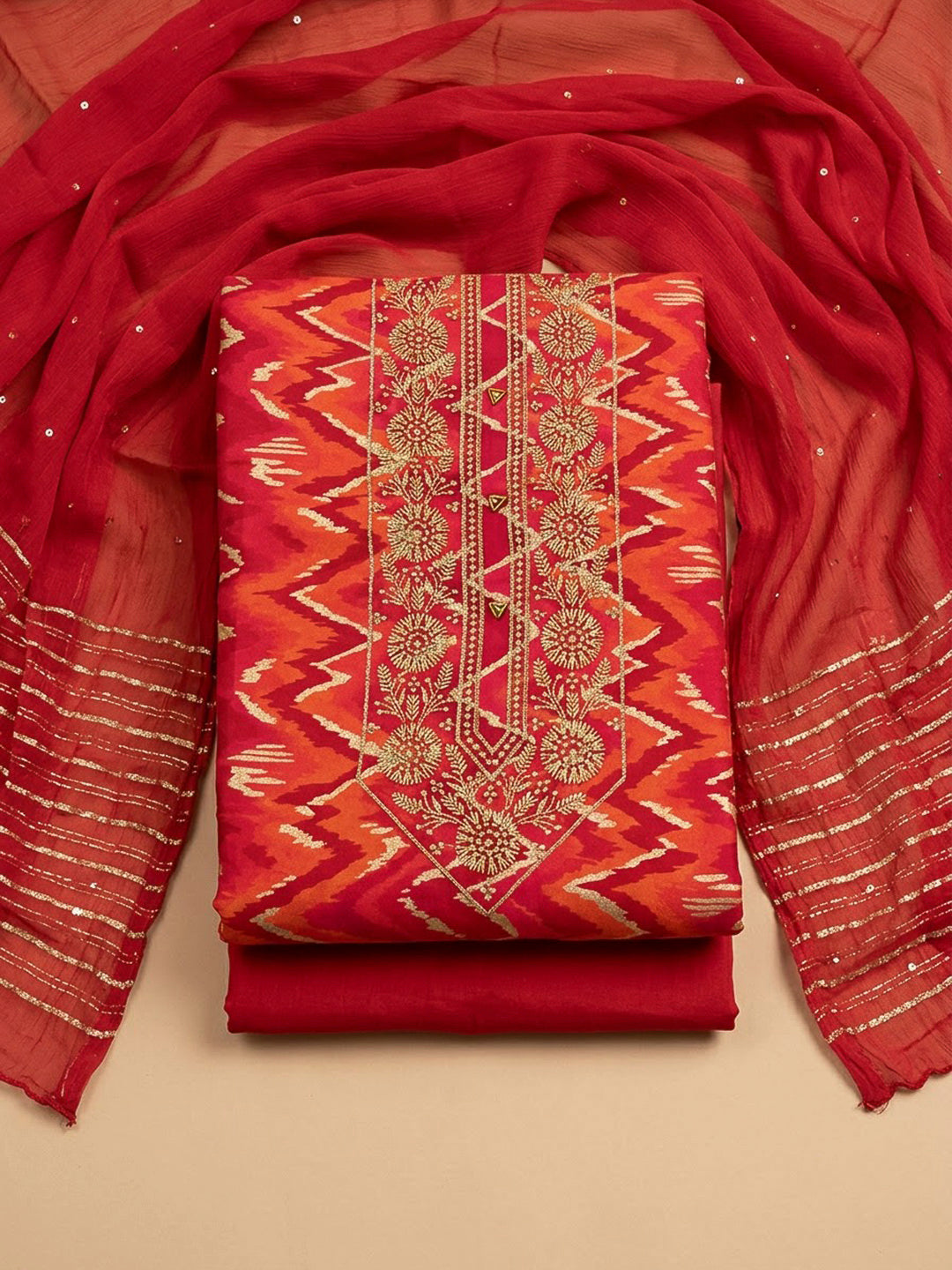 Red Cotton Blend Embroidered Unstitched Dress Material