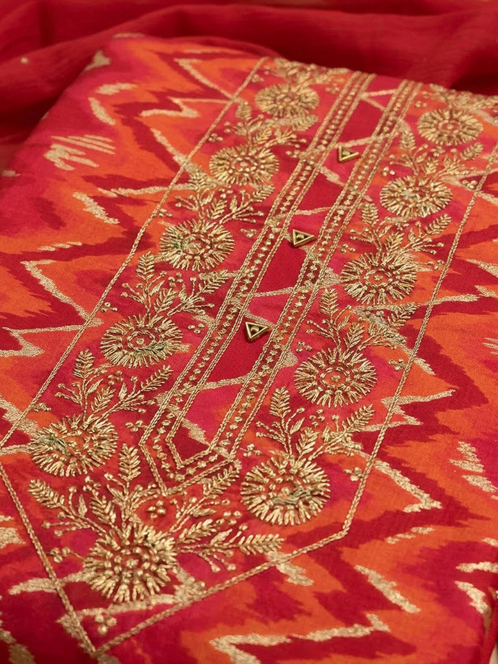 Red Cotton Blend Embroidered Unstitched Dress Material