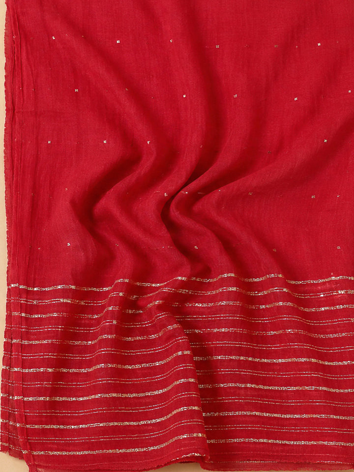 Red Cotton Blend Embroidered Unstitched Dress Material