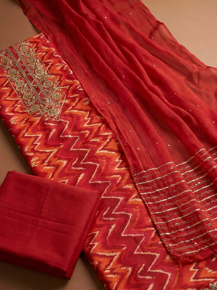 Red Cotton Blend Embroidered Unstitched Dress Material