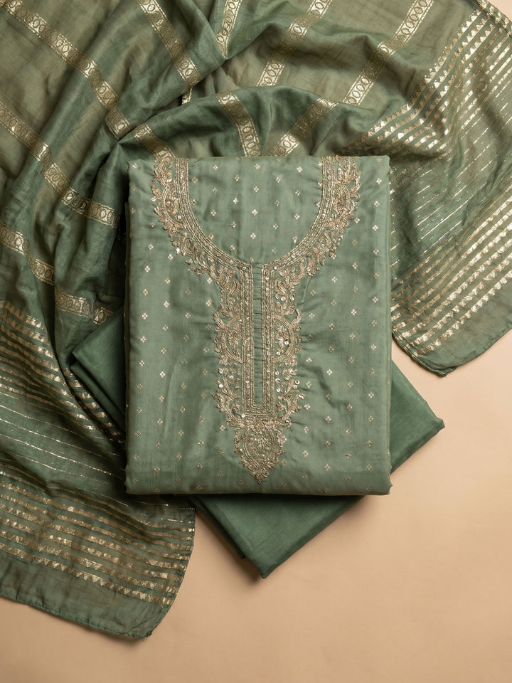 Green Embroidered Chanderi Unstitched Suit &amp; Pant With Chanderi Dupatta