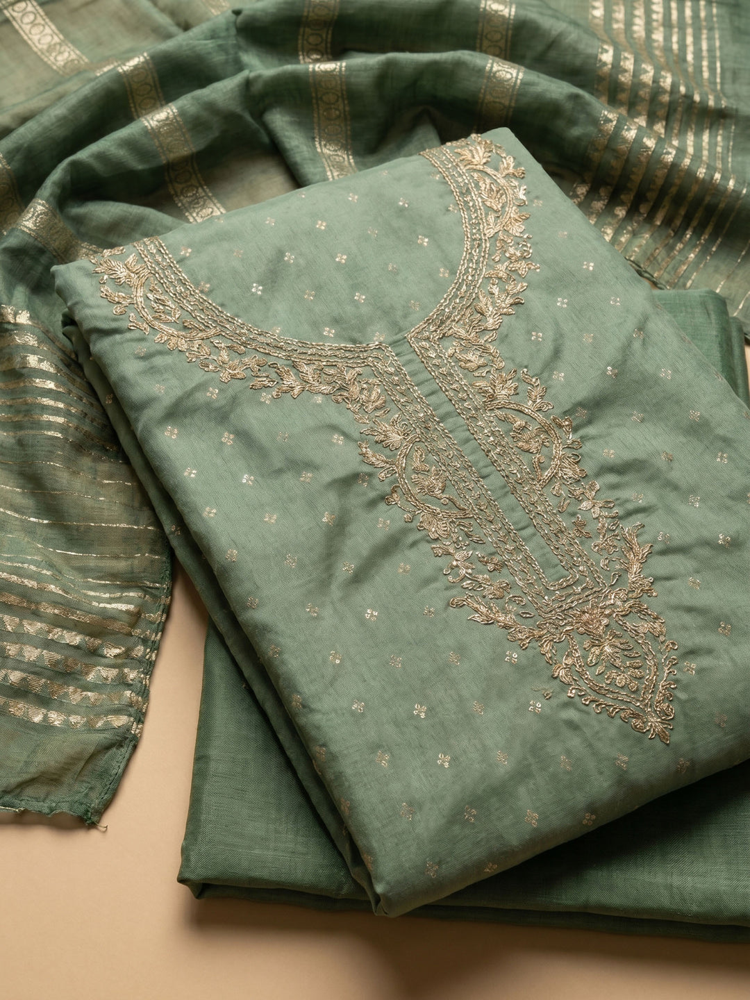 Green Embroidered Chanderi Unstitched Suit &amp; Pant With Chanderi Dupatta