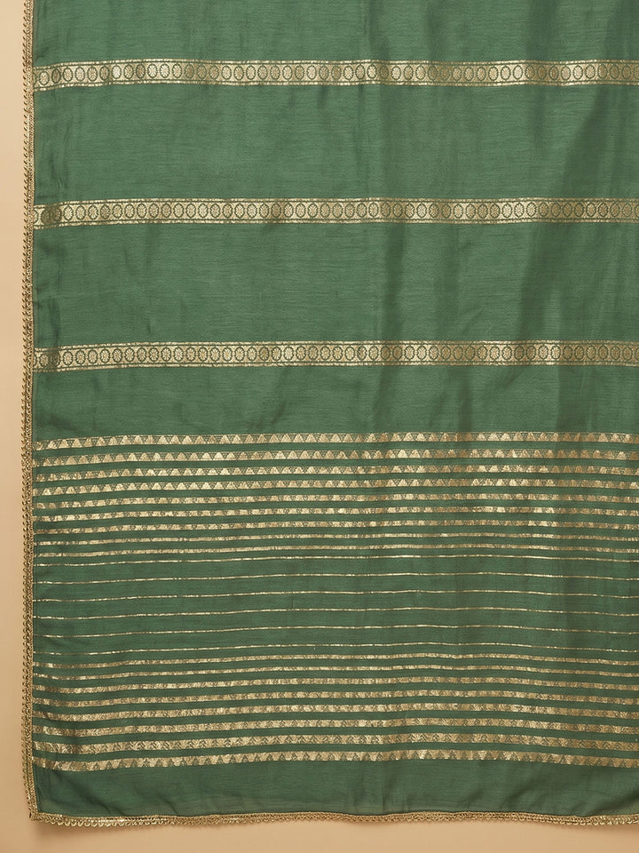 Green Embroidered Chanderi Unstitched Suit &amp; Pant With Chanderi Dupatta