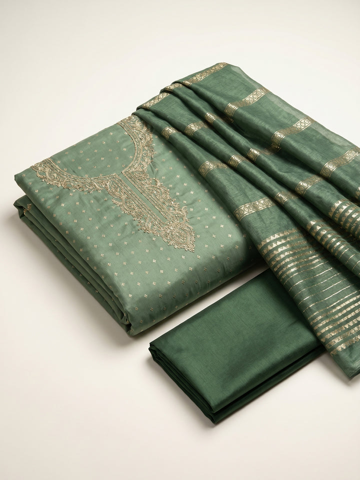 Green Embroidered Chanderi Unstitched Suit &amp; Pant With Chanderi Dupatta