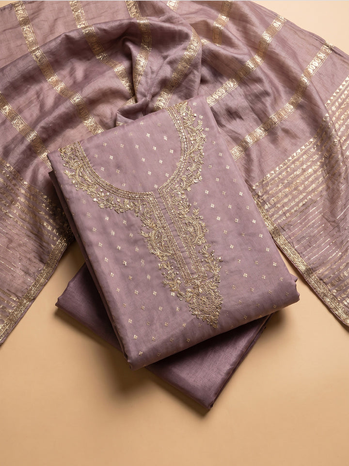 Lavender Embroidered Chanderi Unstitched Suit &amp; Pant With Chanderi Dupatta