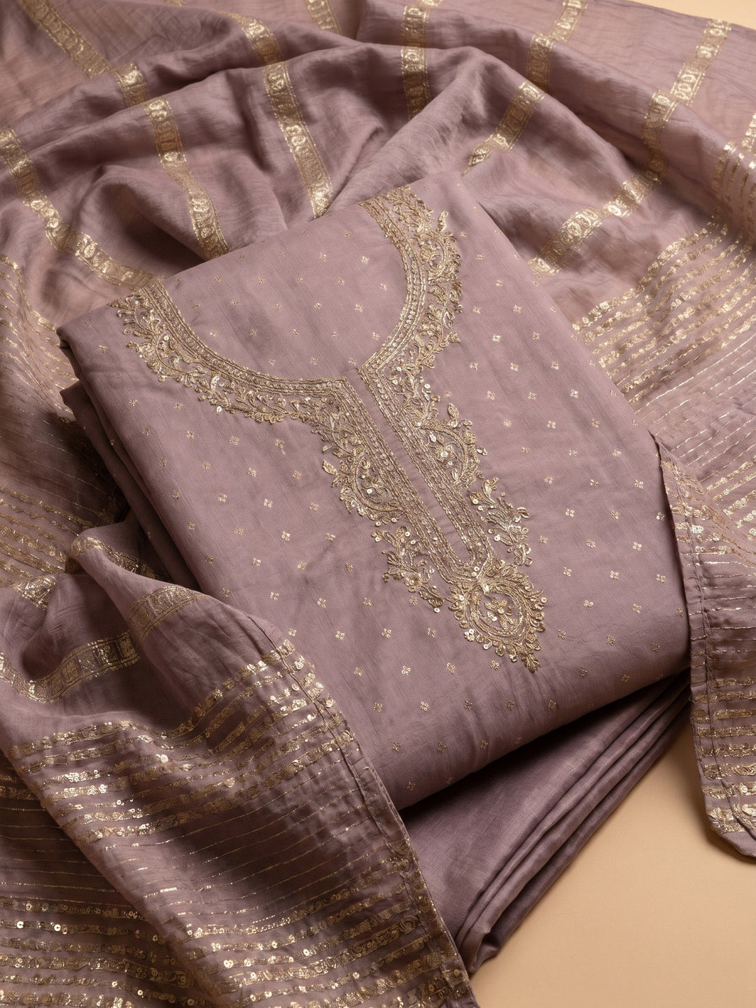 Lavender Embroidered Chanderi Unstitched Suit &amp; Pant With Chanderi Dupatta