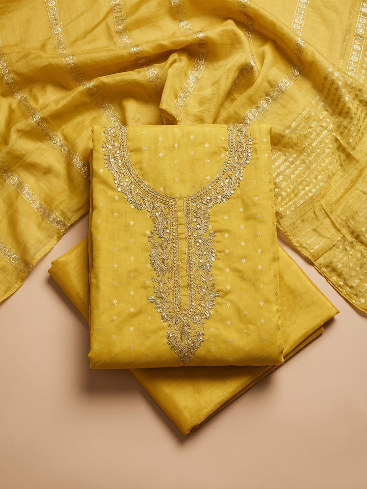 Mustard Embroidered Chanderi Unstitched Suit &amp; Pant With Chanderi Dupatta