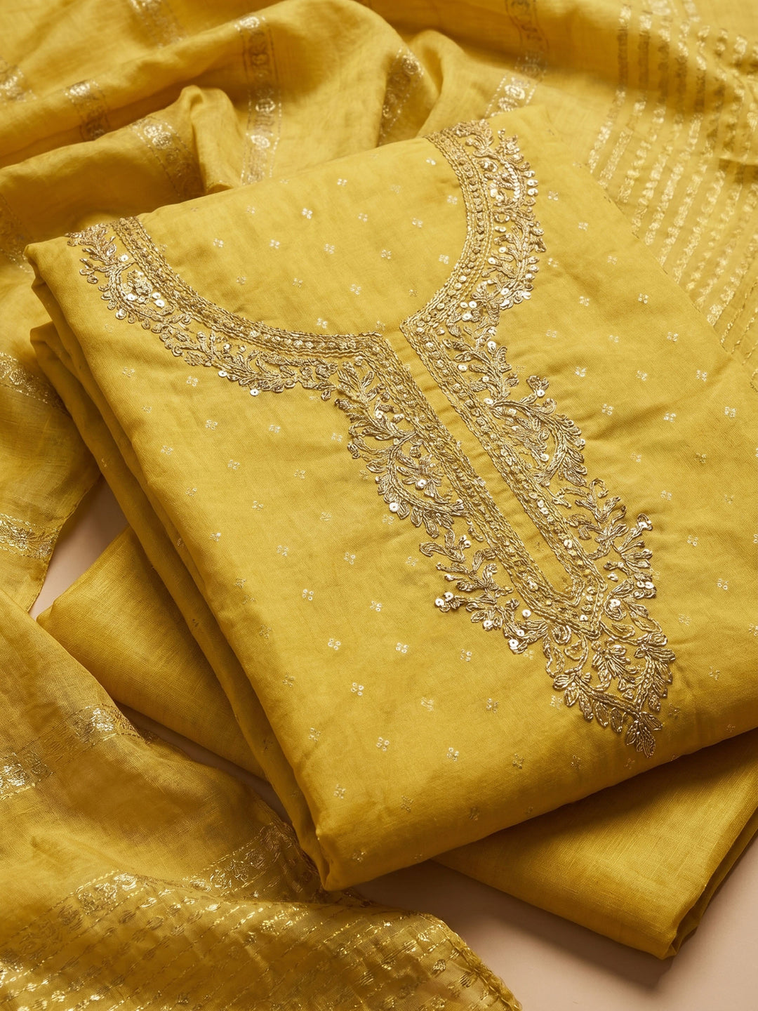 Mustard Embroidered Chanderi Unstitched Suit &amp; Pant With Chanderi Dupatta