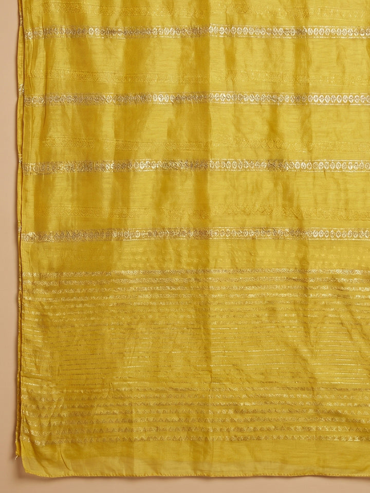 Mustard Embroidered Chanderi Unstitched Suit &amp; Pant With Chanderi Dupatta