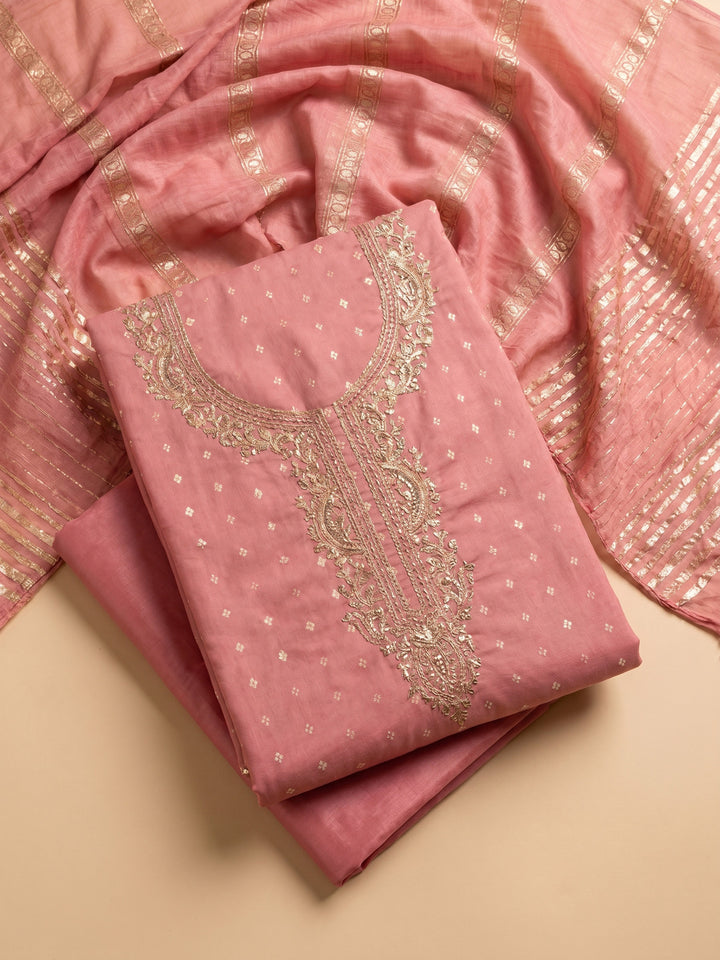 Peach Embroidered Chanderi Unstitched Suit &amp; Pant With Chanderi Dupatta