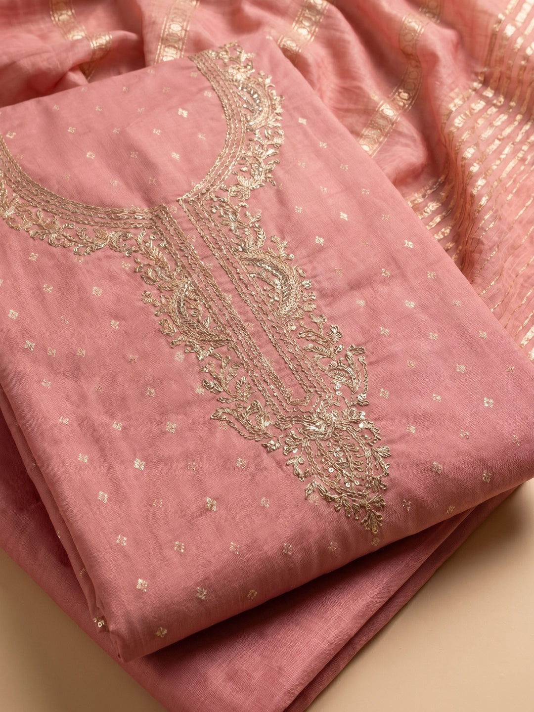 Peach Embroidered Chanderi Unstitched Suit &amp; Pant With Chanderi Dupatta