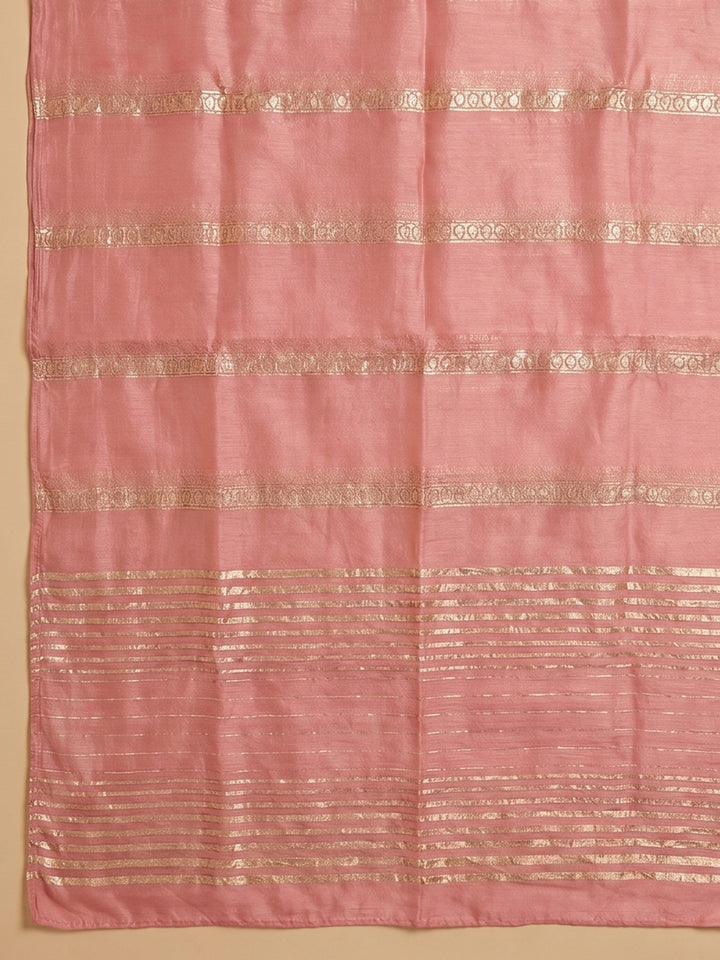 Peach Embroidered Chanderi Unstitched Suit &amp; Pant With Chanderi Dupatta