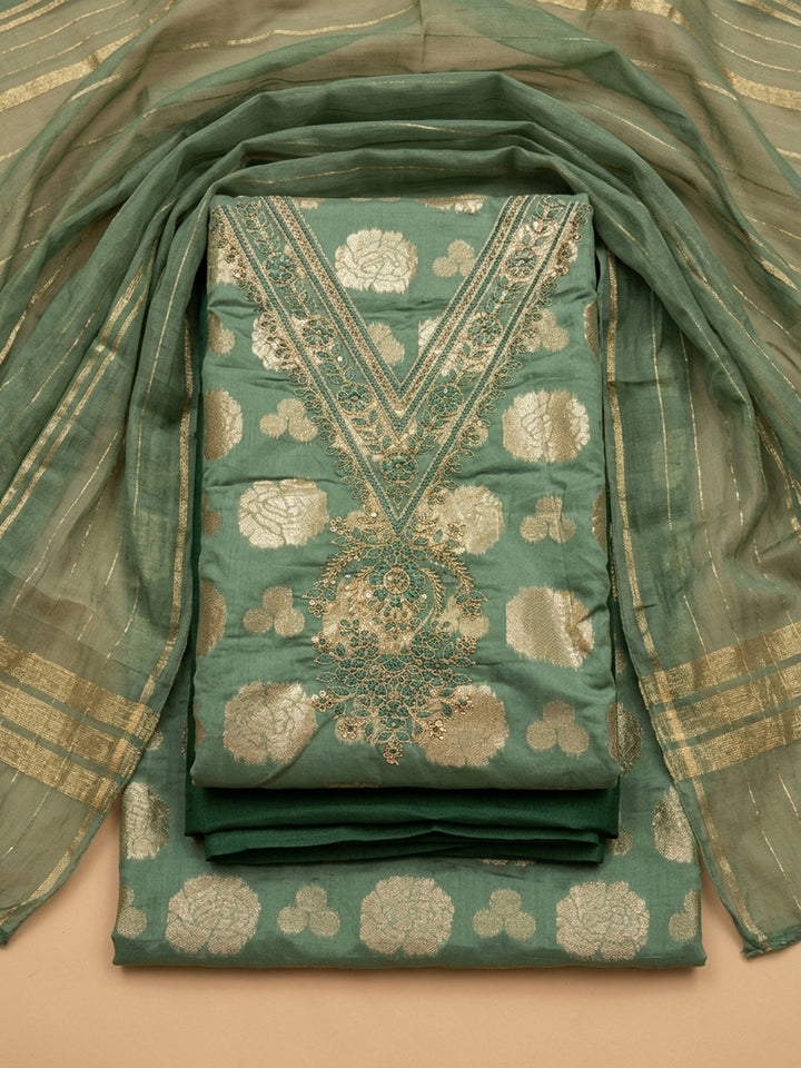 Green Embroidery Chanderi Unstitched Dress Material