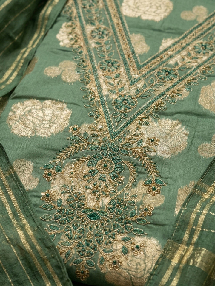 Green Embroidery Chanderi Unstitched Dress Material