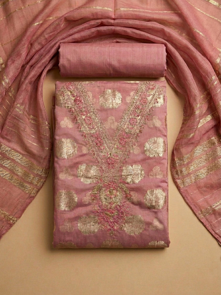 Peach Embroidery Chanderi Unstitched Dress Material